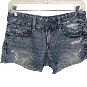 Distressed Denim Shorts With Beaded Trim Size 2